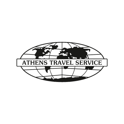 Logo featuring a globe design with the text "ATHENS TRAVEL SERVICE" in a white banner. Background is black.