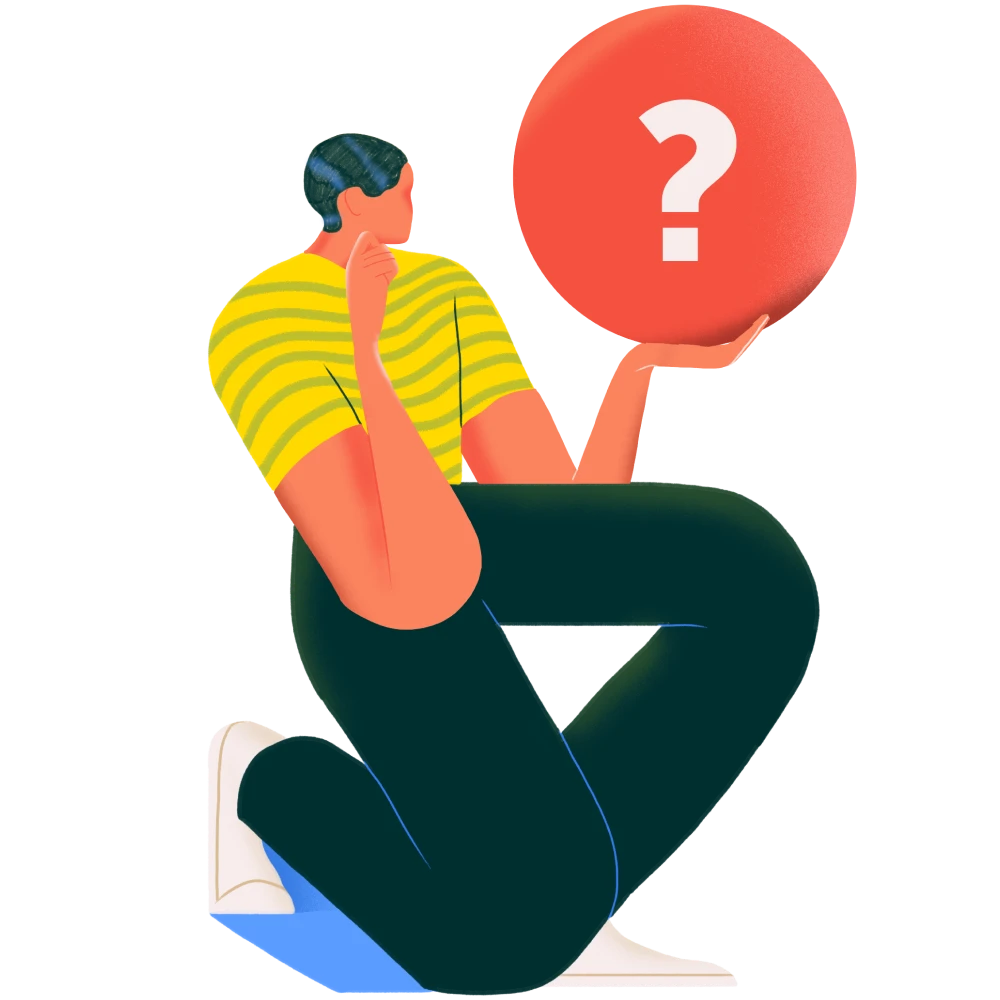 Illustration of an individual in a seated position holding a circular symbol with a question mark, against a white background