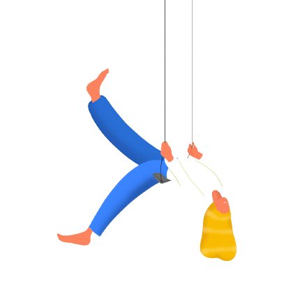 Abstract illustration of a person hanging upside down from ropes, with simplified shapes and bold colors.