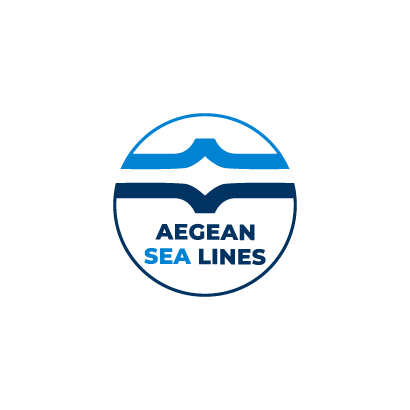 Logo of Aegean Sea Lines featuring a circular design with blue waves and the text "AEGEAN SEA LINES" at the bottom.